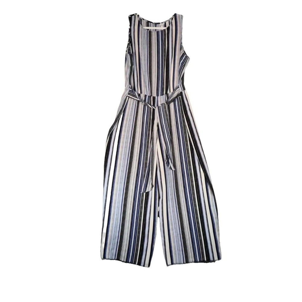 ELLE Jumpsuit XXL Blue White Striped Sleeveless Wide Leg Belted Plus 2XL Casual
